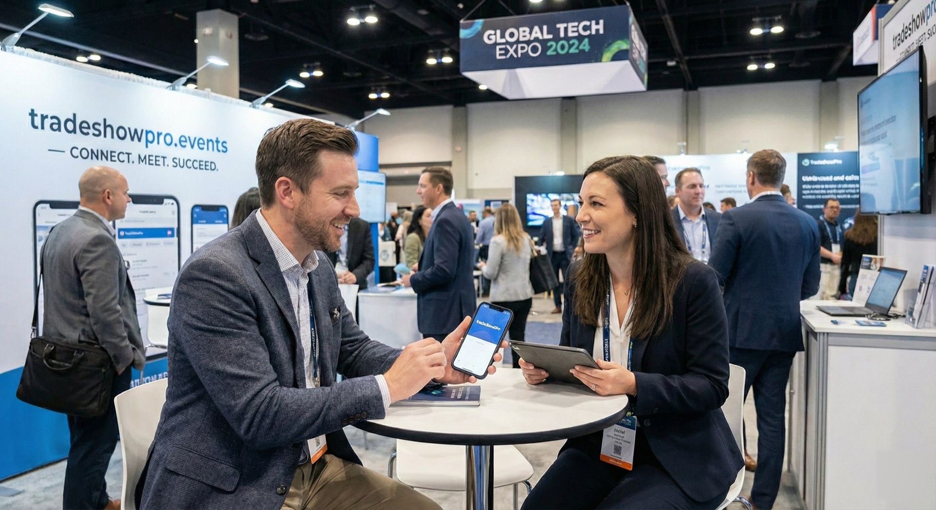 Busy trade show floor with exhibitor booths and attendees